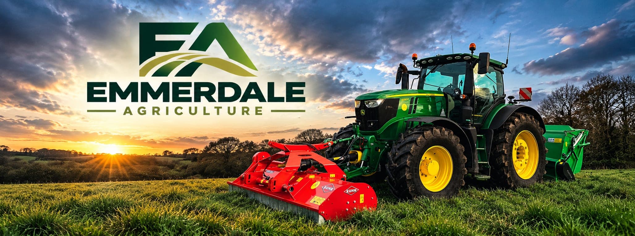 A John Deere tractor with a Kuhn flail mower in a field at sunset, with the Emmerdale Agriculture logo