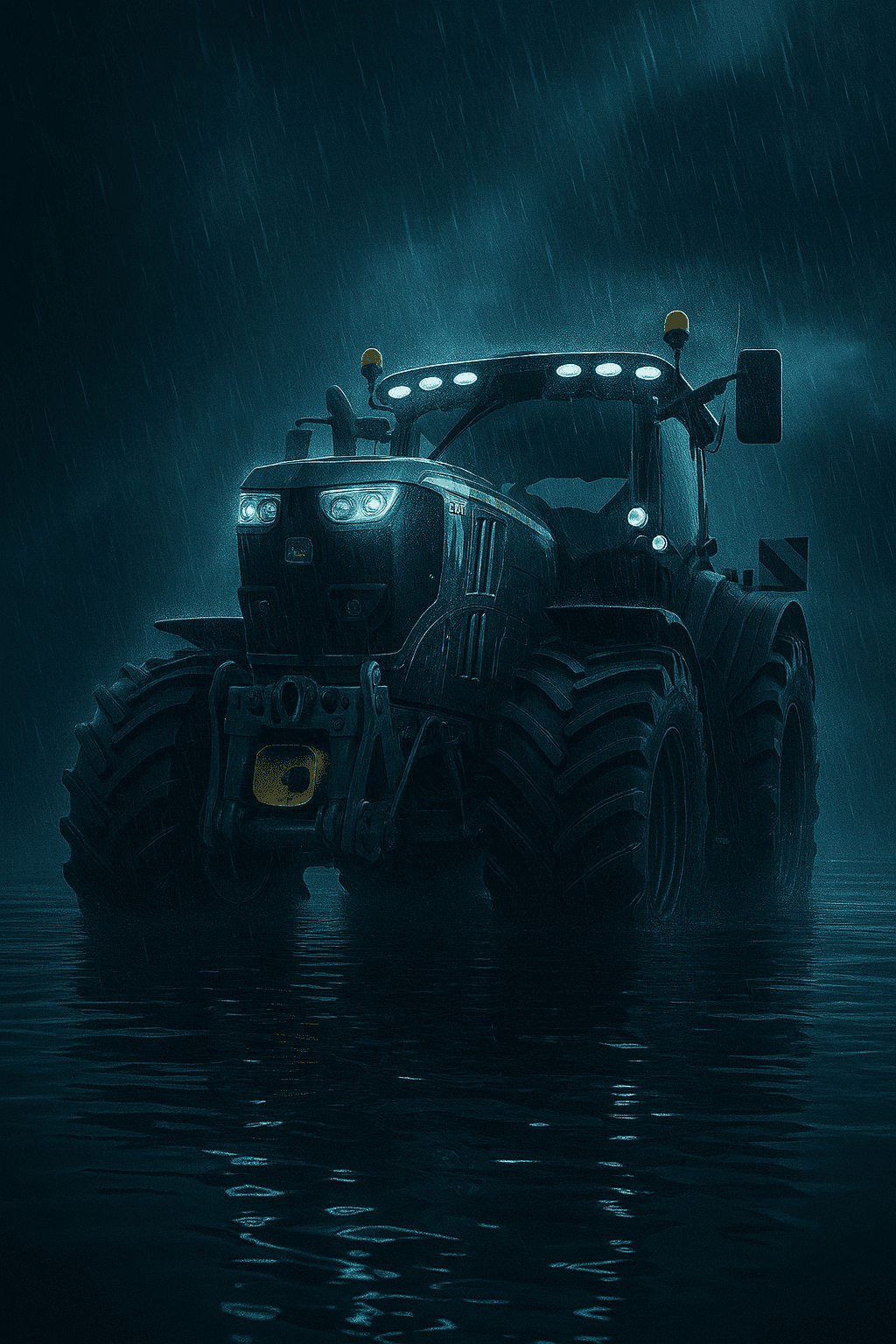Agricultural contractor’s tractor and implements parked in a farm yard