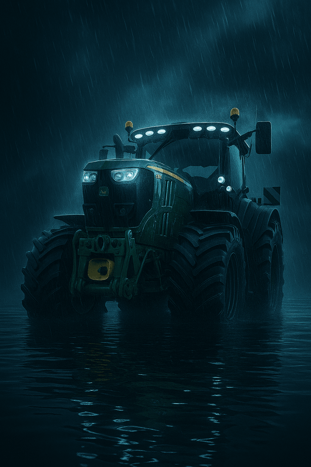 Agricultural contractor’s tractor and implements parked in a farm yard